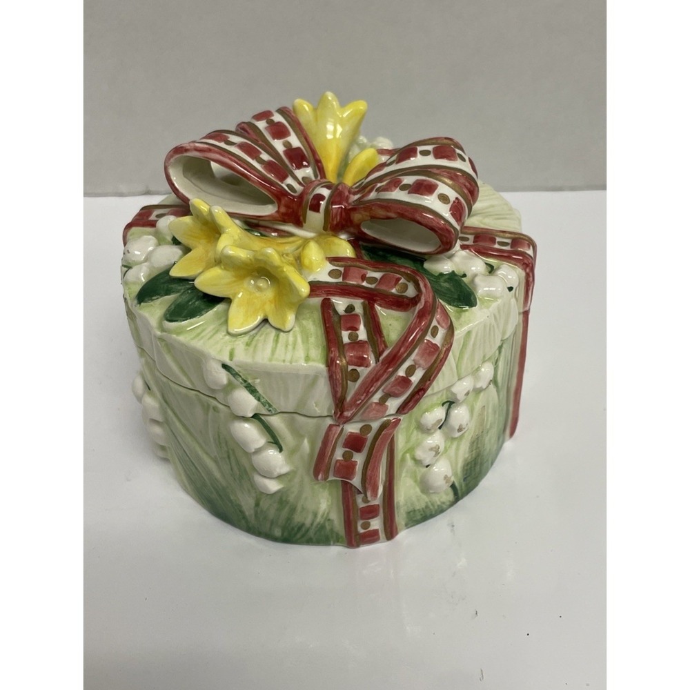 Fitz and Floyd Lily of the Valley Daffodil Ceramic Trinket Box‎ Round Gift Bow